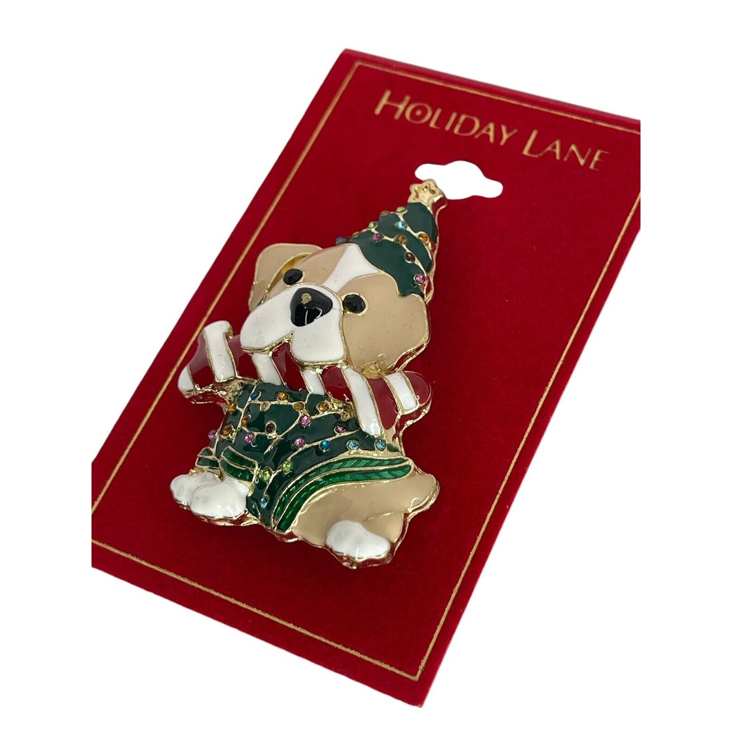 Gold Tone Puppy Xmas Tree Brooch Crystal Christmas Holiday Winter Fashion NWT