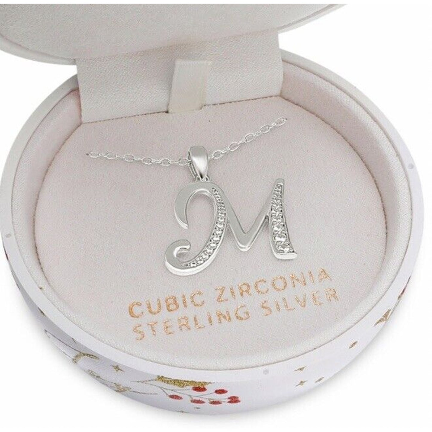 Sterling Silver 'M' Initial Necklace CZ Chic Elegant Holiday Xmas Ornament NWT