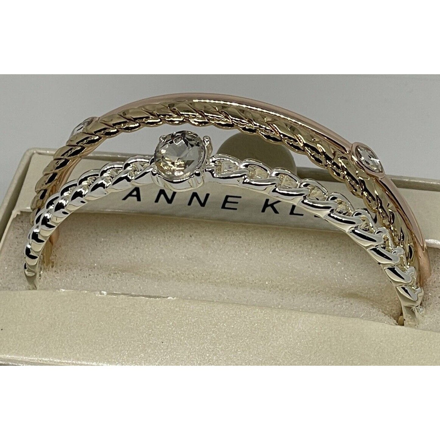 Anne Klein Gold Tone Crystal Bangle Bracelet (3pc Set) Style Trendy Fashion NWT