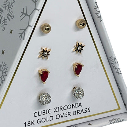 18K Gold Plate CZ Earrings 4pc Set Stunning Xmas Ornament Box Chic Christmas NWT