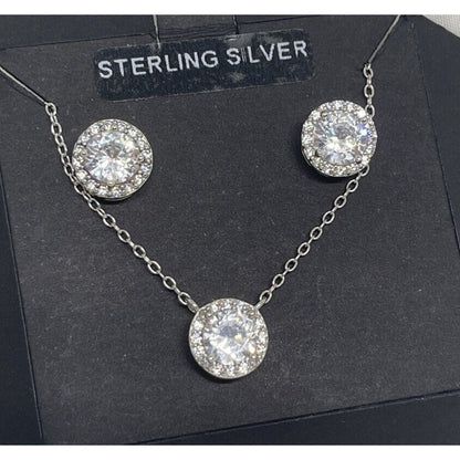 Sterling Silver CZ Necklace Earrings (2pc Set) Chic Glitz Trendy Stylish Vday