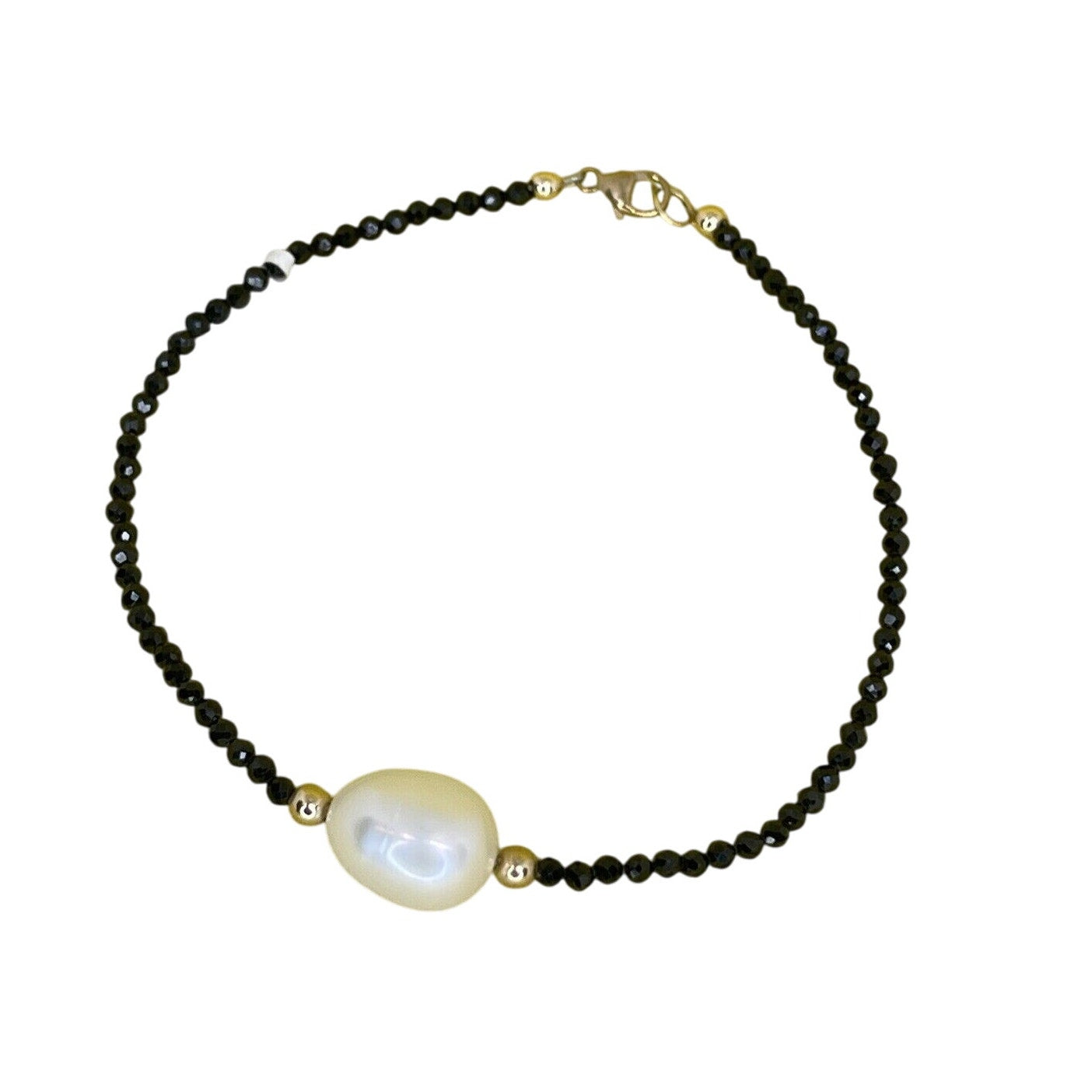 Pearl Solid 14K Gold Natural Black Spinel Bracelet Luxury Stunning Chic Trendy