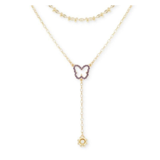 Guess Tanzanite Gold Tone Crystal Butterfly Necklace (2pc Set) Layered Chic NWT