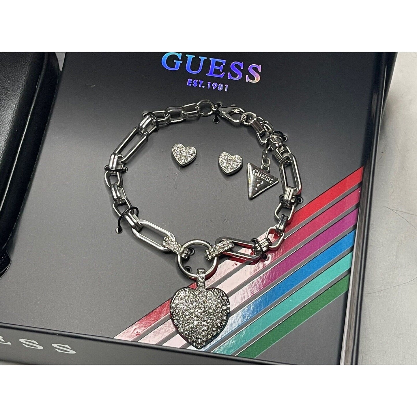 Guess Silver Tone Heart Charm Bracelet Earrings (3pc Set) Fashion Stylish Vday