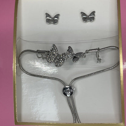 Guess Silver Tone Butterfly Bracelet Earrings (2pc Set) Fashion Chic Trendy Vday