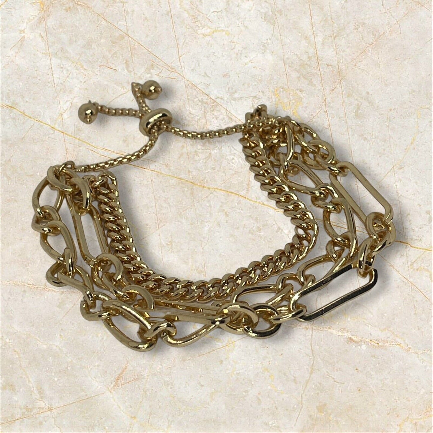 Gold Tone Triple Chain Bolo Bracelet Layered Chic Style Shiny Slider Elegant NWT