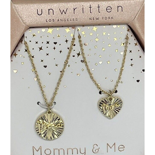 Unwritten 14K Gold Plated Mom Daughter Necklace (2pc Set) Heart Charm Chic Style