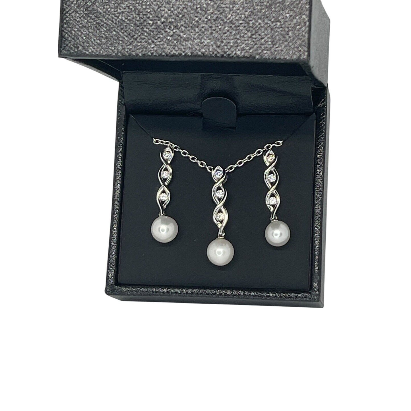 Sterling Silver Pearl (7mm) Necklace Earrings (2pc Set) CZ Trendy Luxury Vday