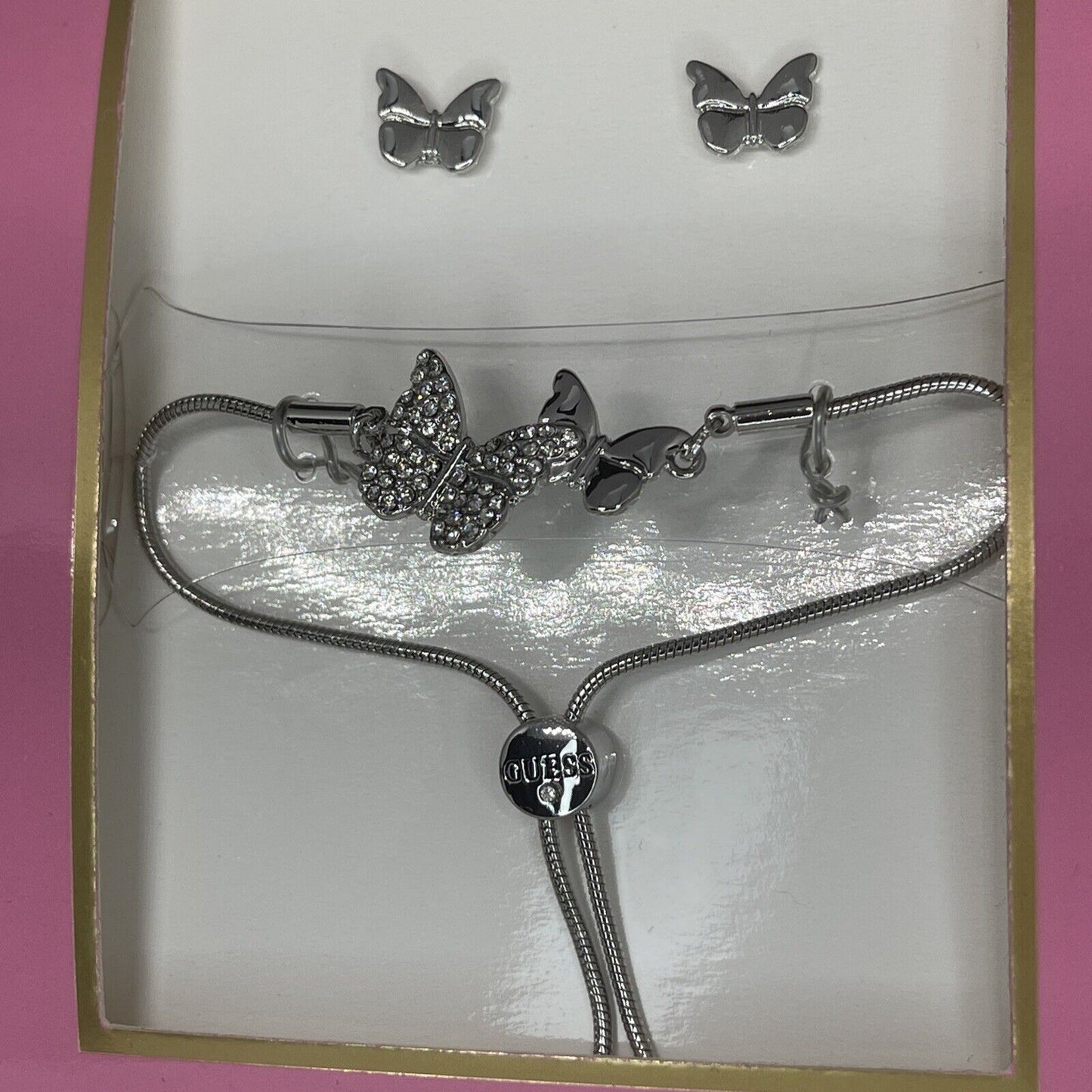 Guess Silver Tone Butterfly Bracelet Earrings (2pc Set) Fashion Chic Trendy Vday