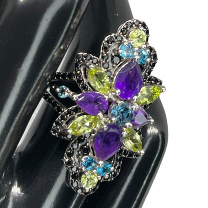 LUXY Gems Natural Topaz Amethyst Peridot Spinel Sterling Silver Ring Luxury Sz 7