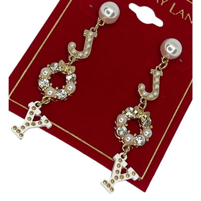 Gold Tone Crystal Faux Pearl Xmas Joy Earrings Elegant Bow Holiday Christmas NWT