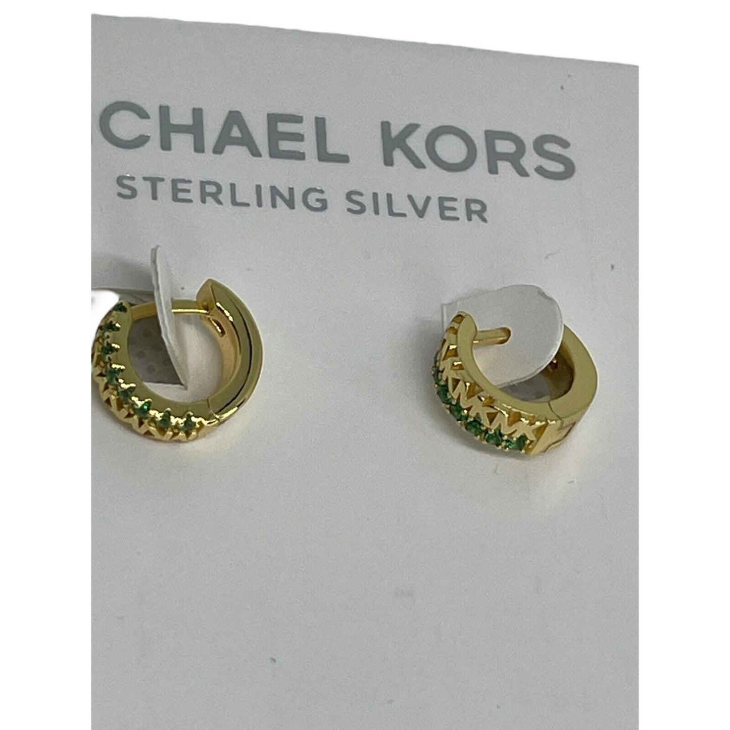 Michael Kors 14K Gold Vermeil Crystal Hoop Earrings MK Logo Luxury Trendy Chic