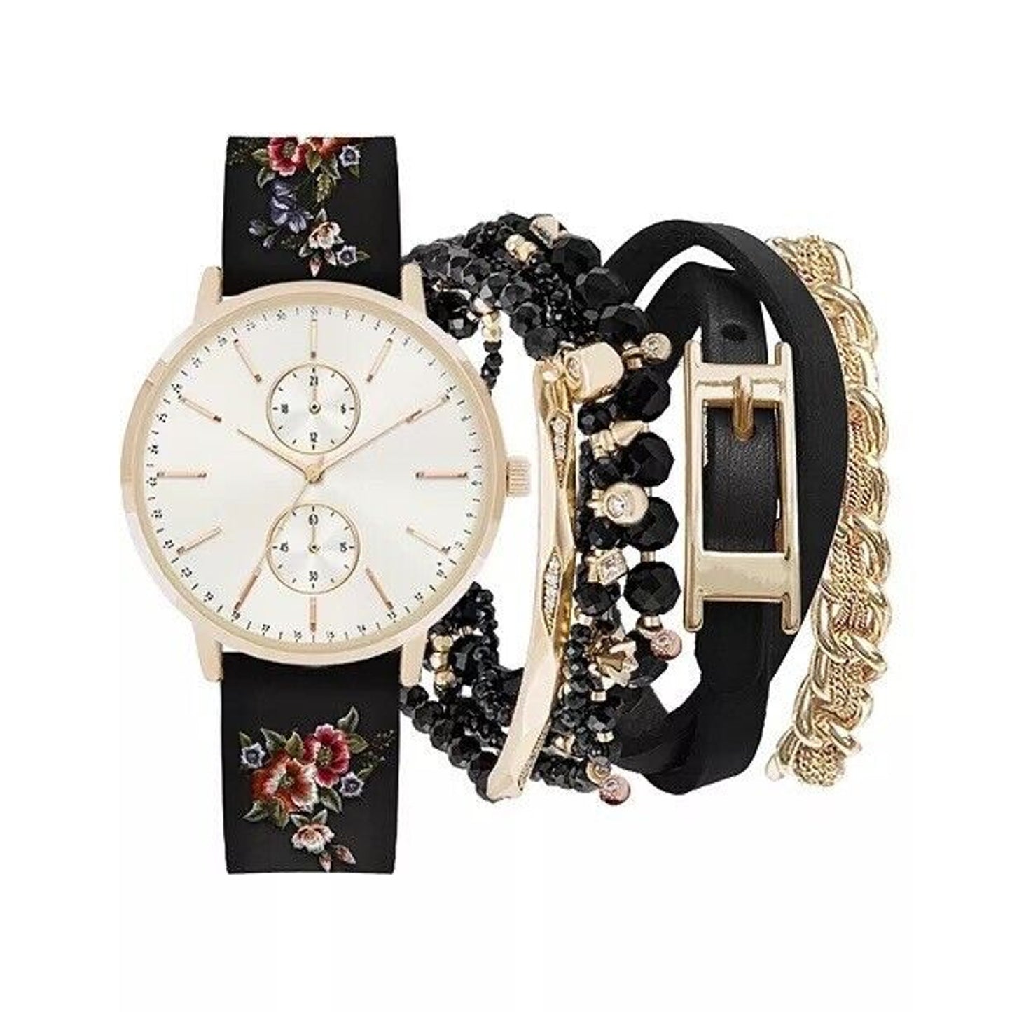 Jessica Carlyle Gold Tone Floral Watch Bracelet (4pc Set) Trendy Fashion Vday