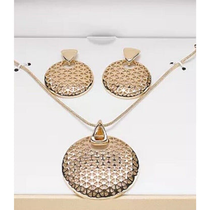 Gold Tone Disc Drop Pendant Necklace Earrings (2pc Set) Textured Statement Chic