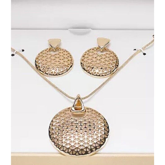 Gold Tone Disc Drop Pendant Necklace Earrings (2pc Set) Textured Statement Chic