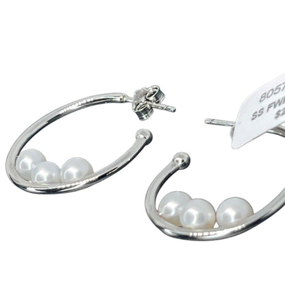 Pearl (4mm) Sterling Silver Hoop Earrings Stunning Stylish Luxury Trendy Fashion