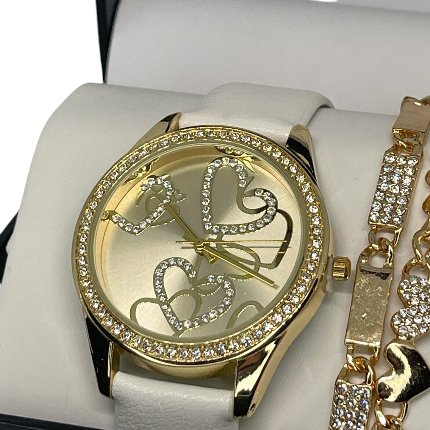 Gold Tone Crystal Heart Watch Faux Leather Band (3pc Set) Trendy Fashion Vday