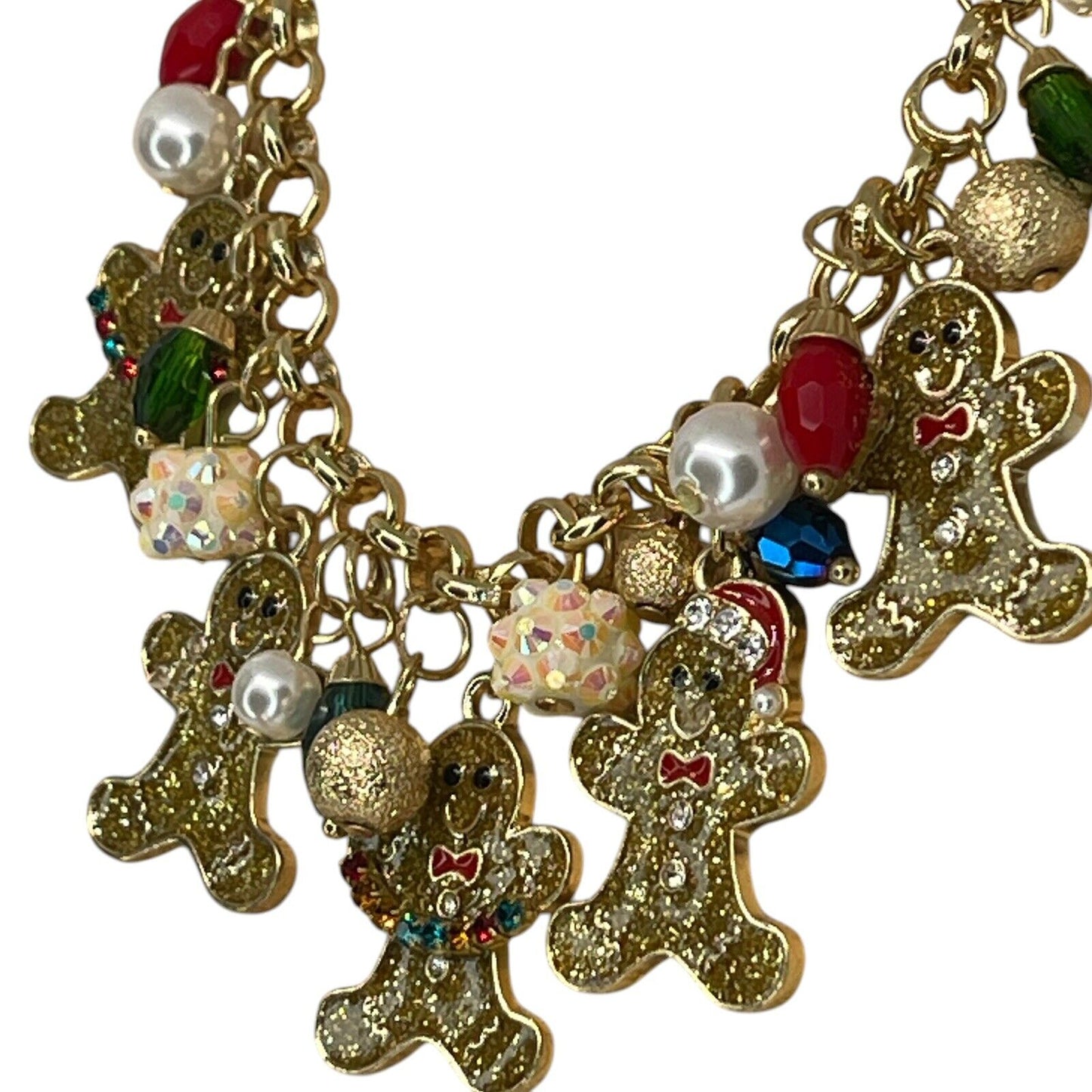 Gold Tone Faux Pearl Gingerbread Man Necklace Christmas Holiday Elegant Xmas NWT