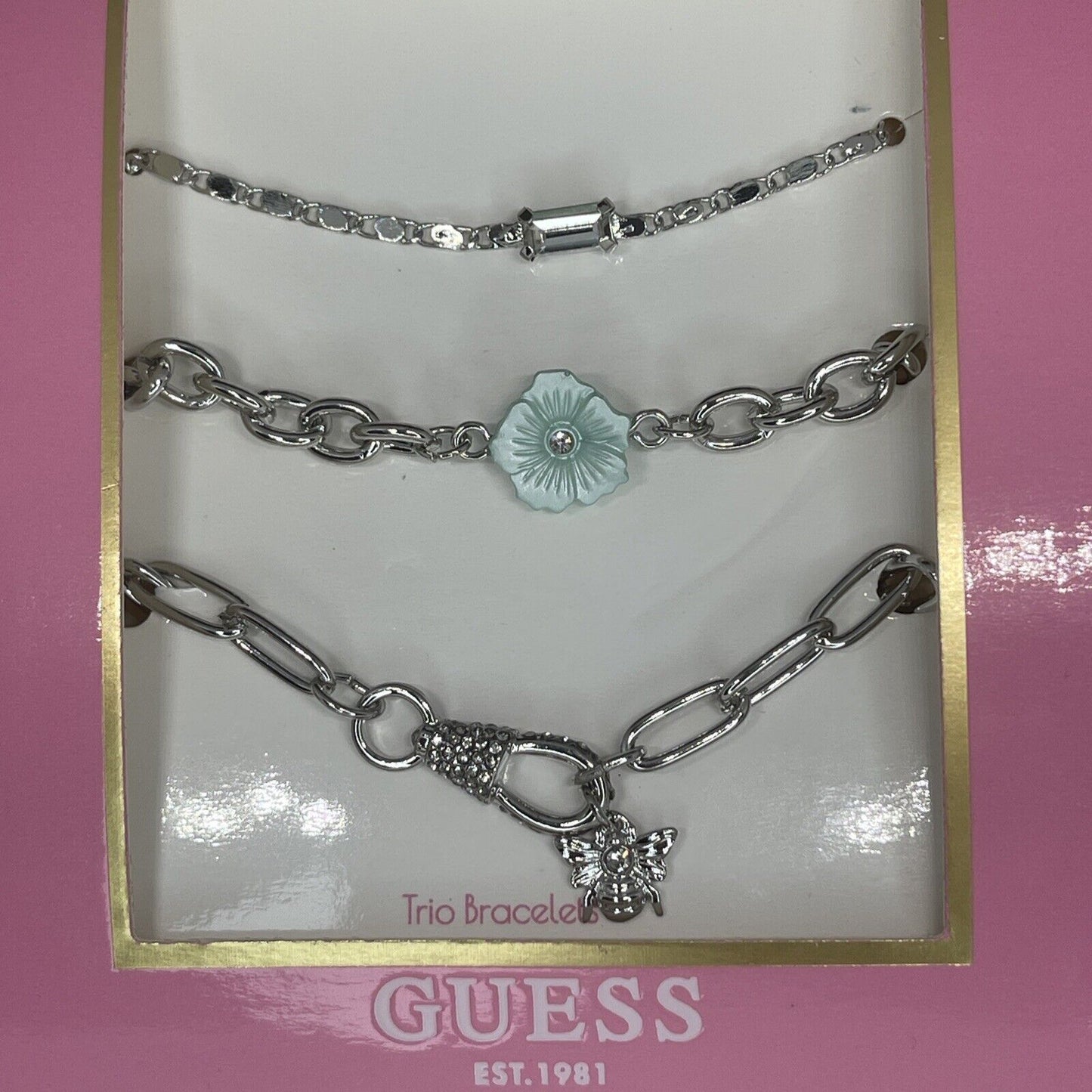 Guess Silver Tone Bracelet (3pc Set) Floral Bee Chic Trendy Fashion Stylish Vday