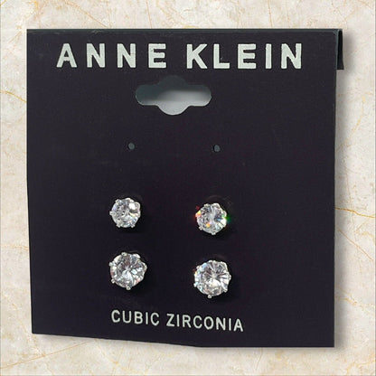 Anne Klein Silver Tone CZ Stud Earrings (2pc Set) Fashion Glitz Trendy Style NWT