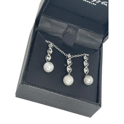 Sterling Silver Pearl (7mm) Necklace Earrings (2pc Set) CZ Trendy Luxury Vday