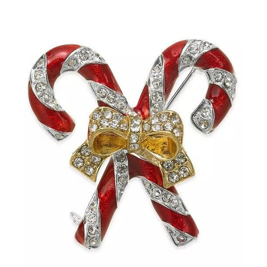 Gold Tone Candy Cane Xmas Brooch Pin Crystal Christmas Fashion Holidays Chic NWT