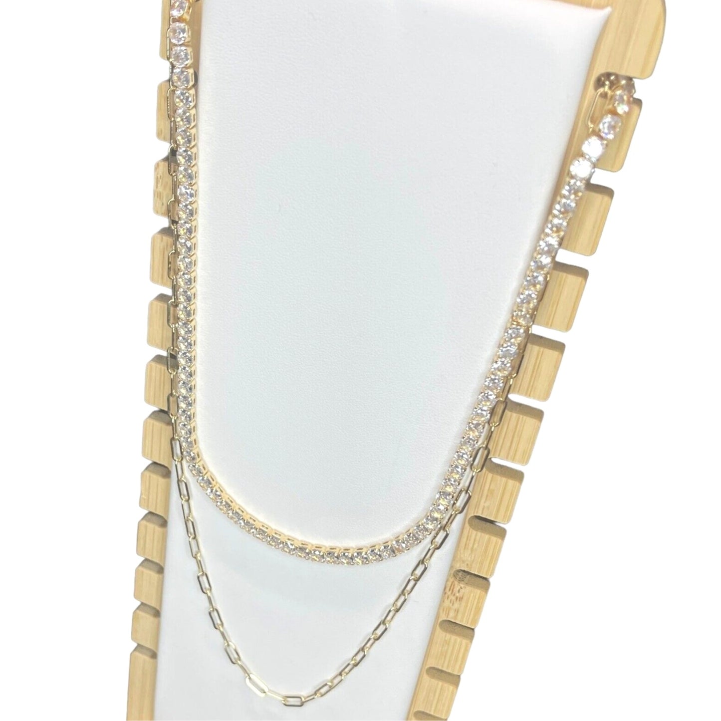 18K Gold Plated CZ Diamond Accent Tennis Necklace Layered Trendy Glitzy Stunning