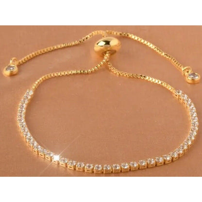 Gold Tone Crystal Bolo Tennis Bracelet Fashion Stylish Shiny Chic Glitz Cocktail