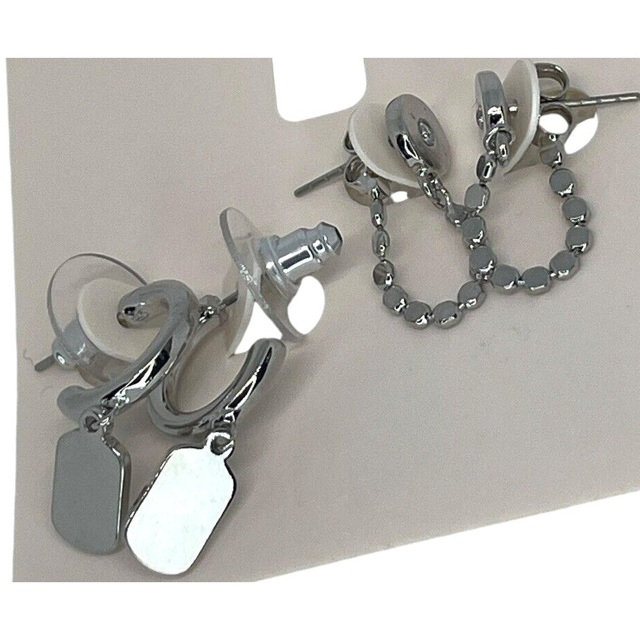 Silver Tone Drop Hoop Earrings (2pc Set) Tag Charm Fashion Style Trendy Chic NWT