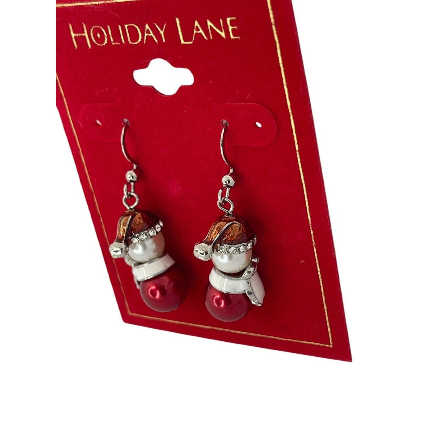 Gold Tone Faux Pearl Xmas Snowman Earrings Crystal Stunning Holidays Christmas