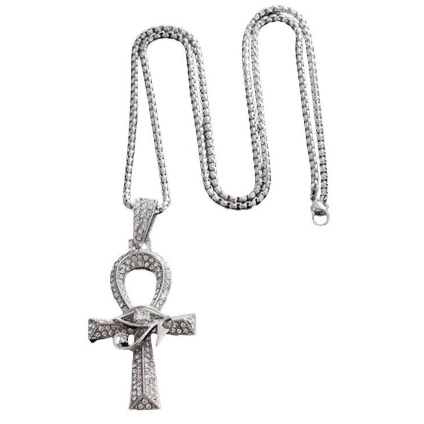 Silver Tone Crystal Cross Ahnk Pendant Necklace 23” Style Faith Bling Shiny NWT