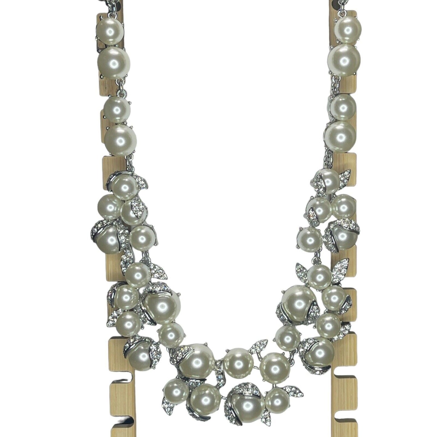 Silver Tone Faux Pearl Crystal Necklace Statement Stunning Elegant Chic Fashion