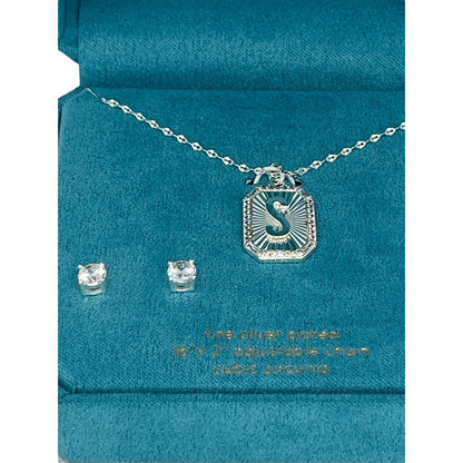 Silver Plated 'S' Initial Charm Necklace Earrings (2pc Set) Solitaire Stud Vday