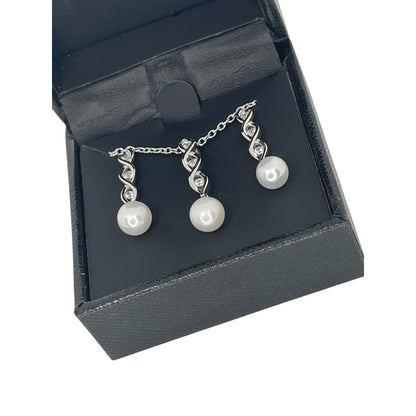 Sterling Silver Pearl (7mm) Necklace Earrings (2pc Set) CZ Trendy Luxury Vday