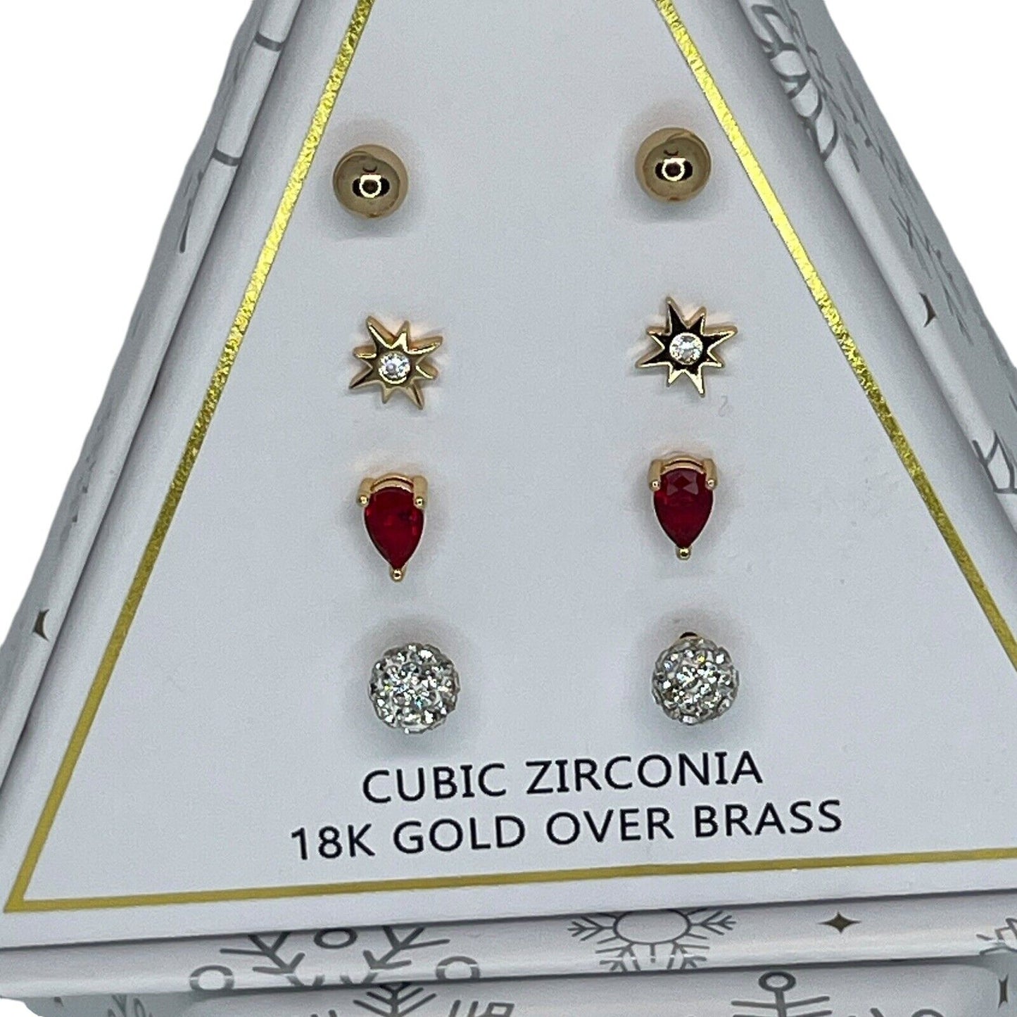 18K Gold Plate CZ Earrings 4pc Set Stunning Xmas Ornament Box Chic Christmas NWT