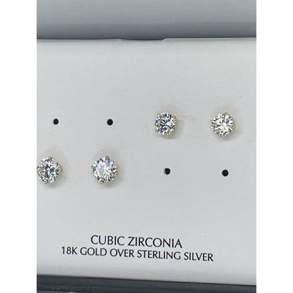 18K Gold Vermeil CZ Stud Earrings 2pc Set Glitzy Fashion Style Trendy Bling NWT