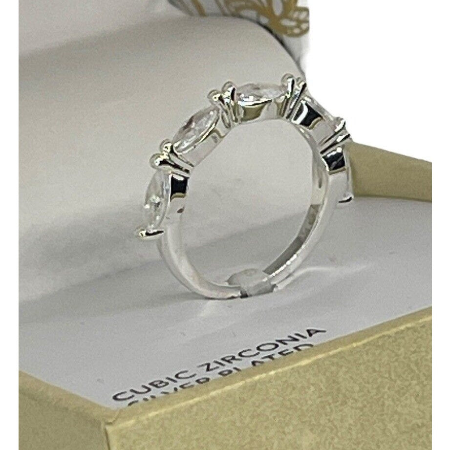 Silver Plated Marquise CZ Band Ring (Sz 5) Chic Shiny Fashion Minimal Trendy NWT