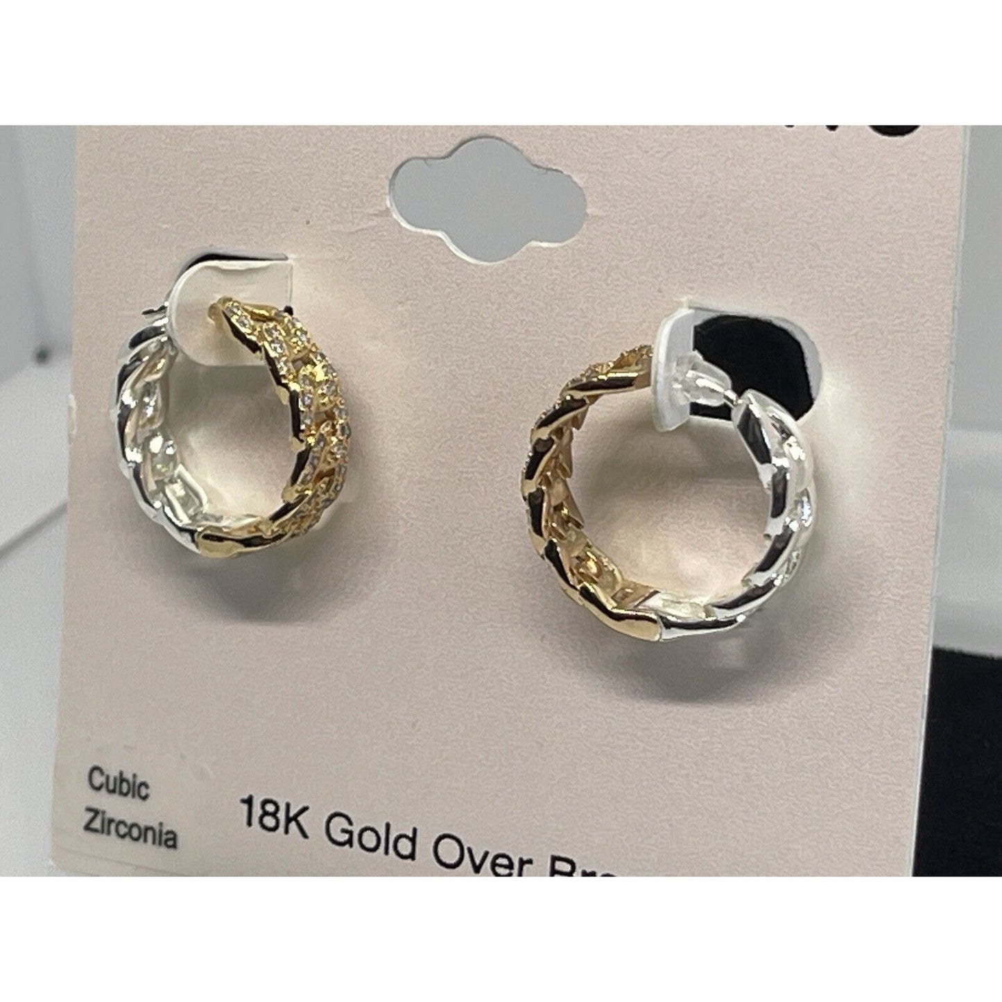 18K Gold Plated Chain Hoop CZ Earrings Style Shiny Fashion Two Tone Elegant NWT