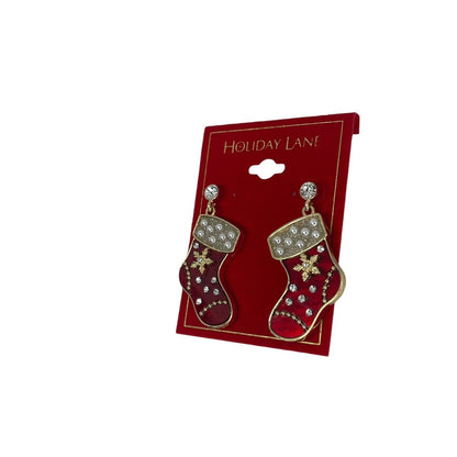 Gold Tone Crystal Xmas Stocking Earrings Faux Pearl Elegant Holidays Christmas