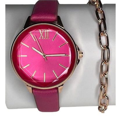 Gold Tone Pink Watch (2pc Set) Chic Faux Leather Band Chain Bracelet Trendy NWT