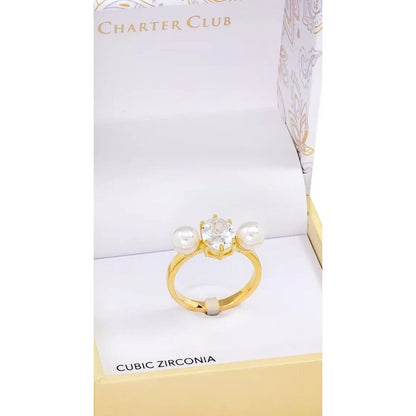 Gold Plate Faux Pearl CZ Ring SZ 5 Elegant Stunning Chic Intricate Fashion NWT