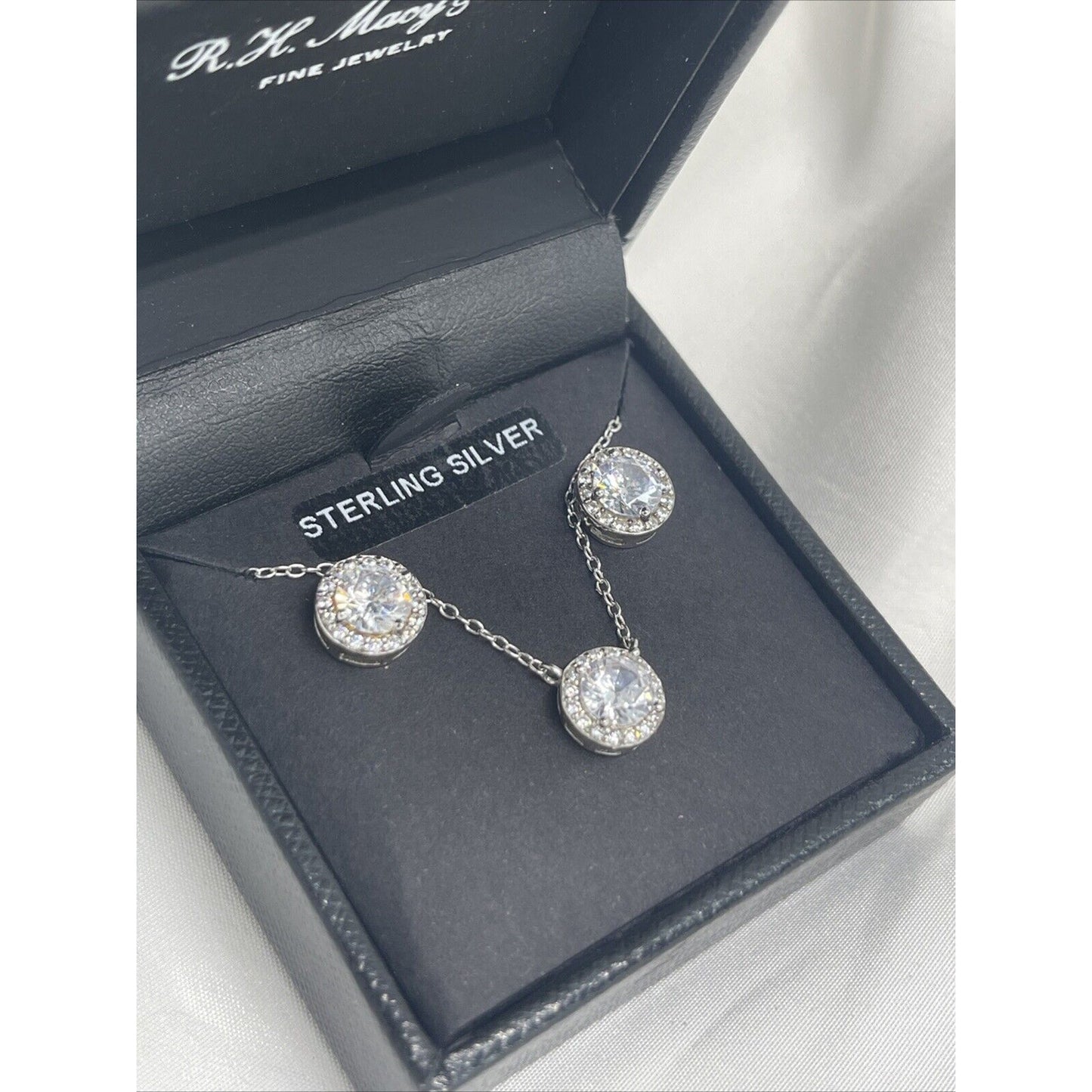 Sterling Silver CZ Halo Necklace Earrings (2pc Set) Stunning Chic Trendy Fashion