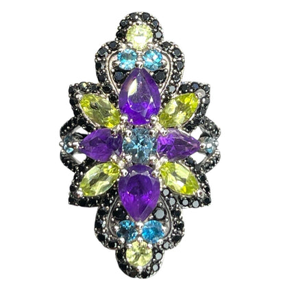 LUXY Gems Natural Topaz Amethyst Peridot Spinel Sterling Silver Ring Luxury Sz 7