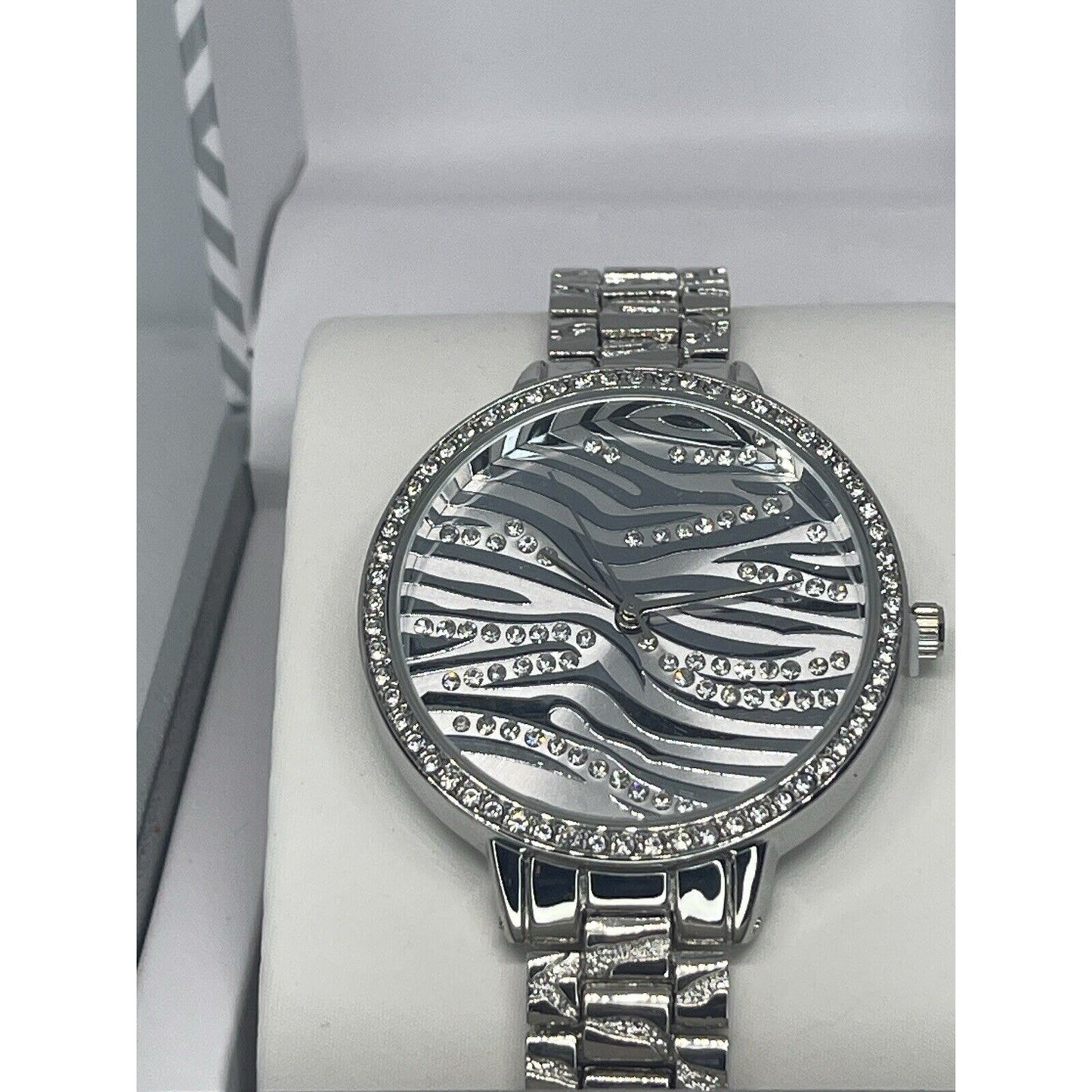 Silver Tone Crystal Bracelet Watch Zebra Print Stunning Chic Trendy Fashion Vday