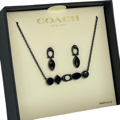 Coach Crystal Necklace Earrings 2pc Set Black Tone Chic Designer Luxury Trendy