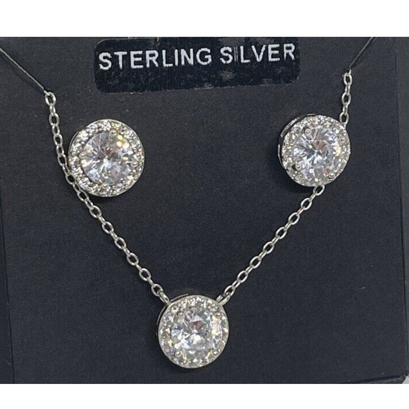 Sterling Silver CZ Necklace Earrings (2pc Set) Chic Glitz Trendy Stylish Vday