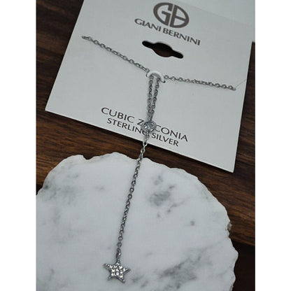 Sterling Silver CZ Chain Drop Necklace Star Pendant Chic Shiny Style Trendy NWT