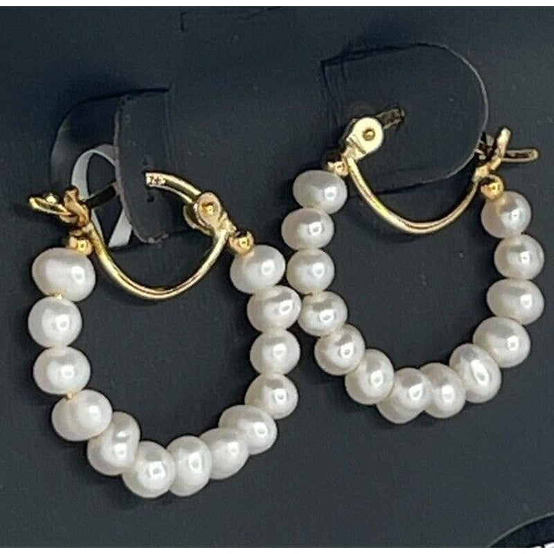 14K Gold Vermeil Pearl (3mm) Hoop Earrings Luxury Exquisite Stunning Elegant NWT