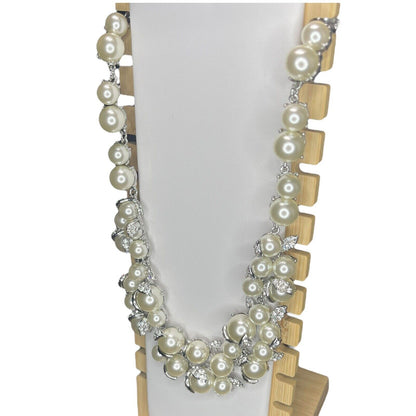 Silver Tone Faux Pearl Crystal Necklace Statement Stunning Elegant Chic Fashion