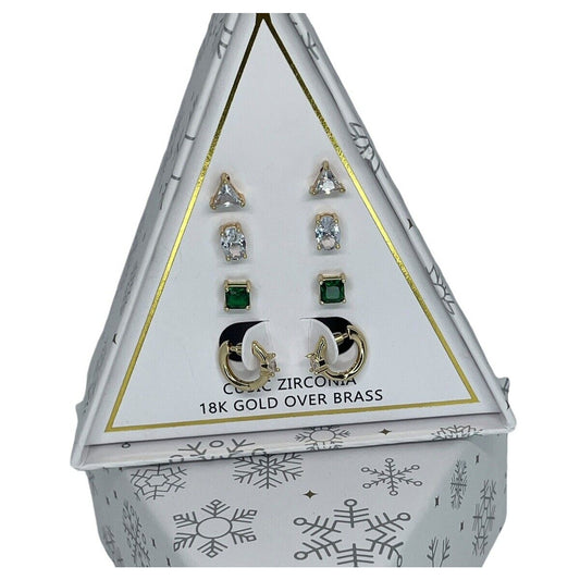 18K Gold Plate CZ Earrings 4pc Set Elegant Xmas Tree Gift Box Fashion Chic Style